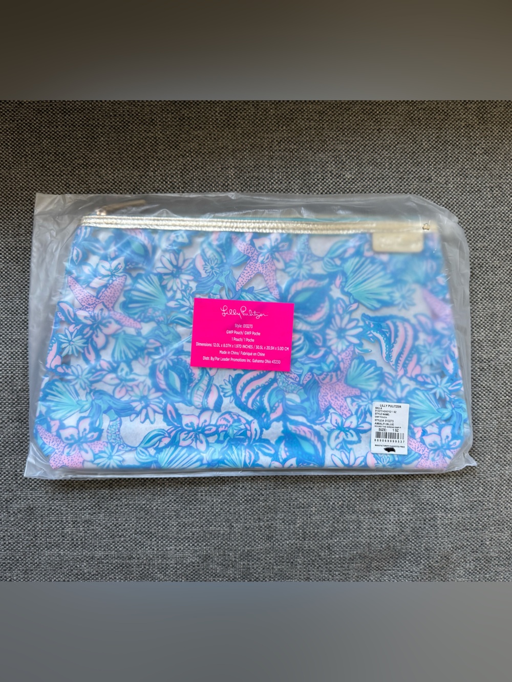 Lilly Pulitzer Blue & Pink Floral waterproof Cosmetic Pouch /Purse w Gold Zipper